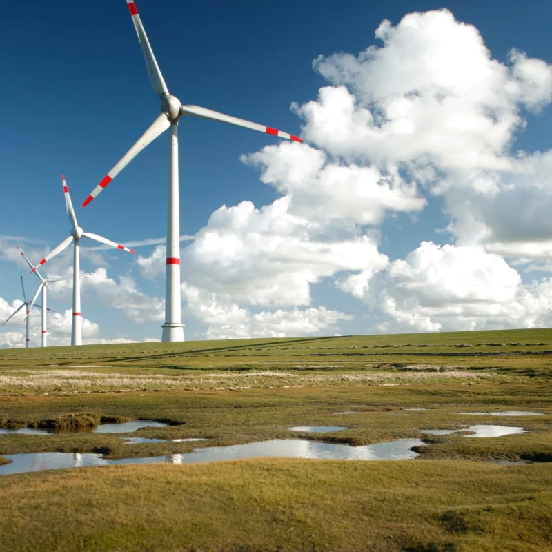 Wind turbines on a green field under a blue sky with white clouds – symbolizing sustainability and renewable energy at Fassmer.