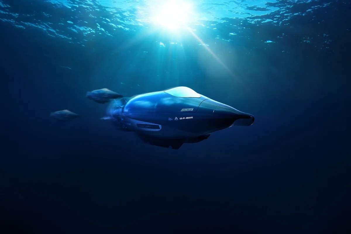 3D visualization of the Fassmer Grey Shark submarine concept GS P1-BRAVO diving in the ocean, inspired by nature.